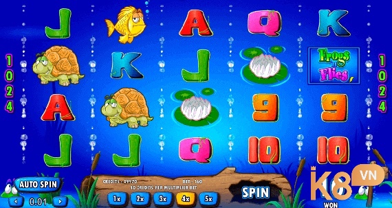 Giao diện chính của slot game Frogs and Flies với các biểu tượng đặc trưng