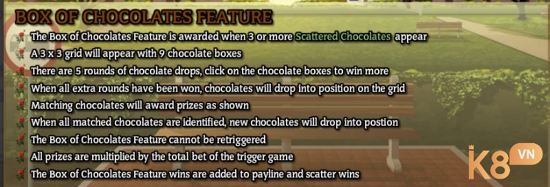 Box of Chocolates Free Spins xuất hiện đem đến 9 lựa chọn với thưởng khác nhau