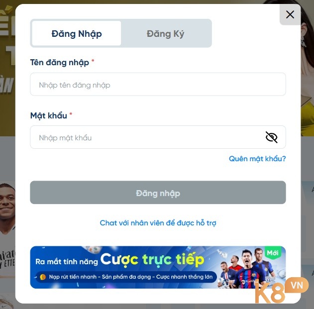 Giao diện đăng nhập tại K8